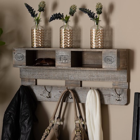 Baxton Studio Ferguson Vintage Rustic Whitewashed Grey Oak Finished Wood Wall Mounted Coat Rack with Shelves 188-11734-ZORO